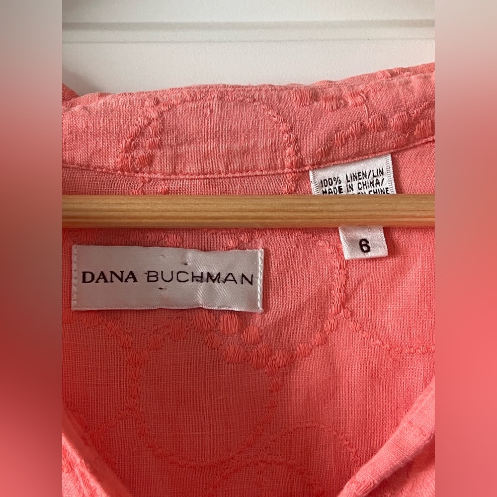 NWOT Dana Buchman Linen Coral Button-Down Shirt W/Embroidery. Size 6/S. - Picture 11 of 15